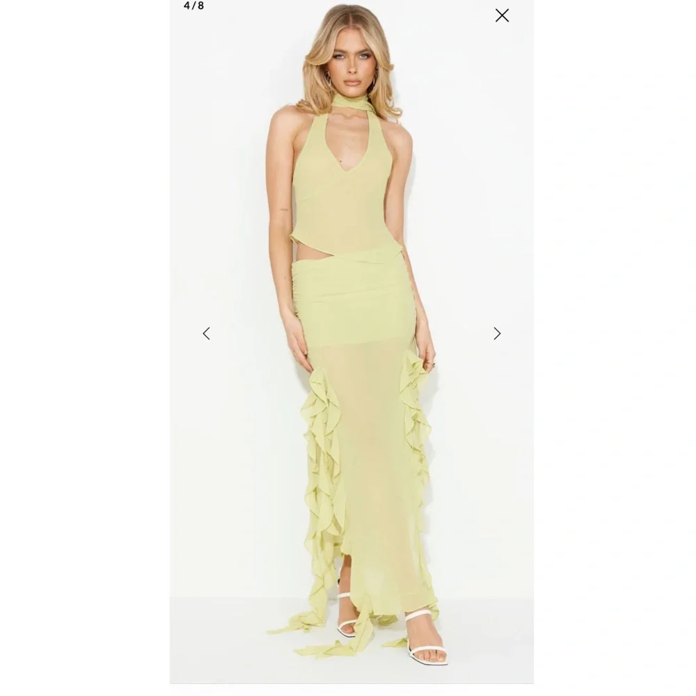 Lioness Lime Chiffon Maxi Skirt with Asymmetrical Hem, Ruching, and Ruffles - Picture 8 of 9